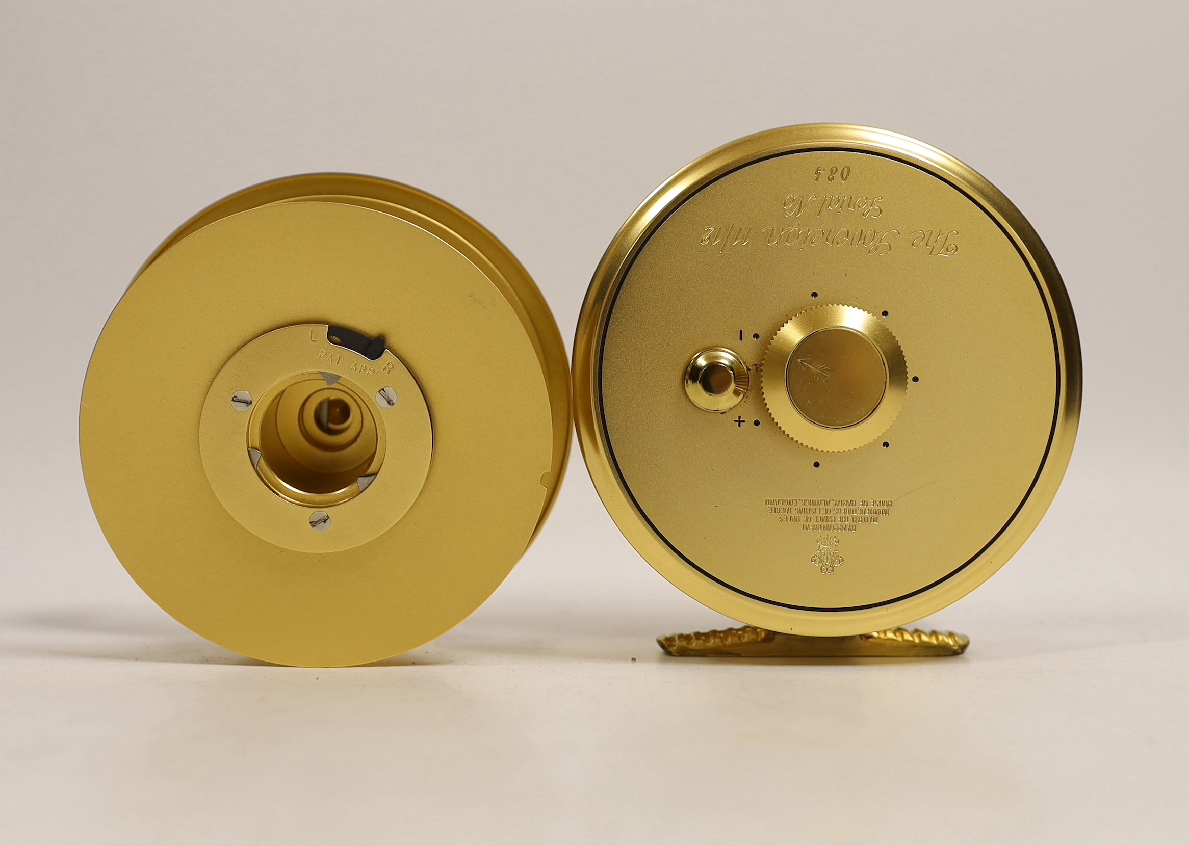 A House of Hardy Sovereign 11/12 centre pin fly reel Serial Number 084 with spare spool, reel in sheepskin lined soft case (2)